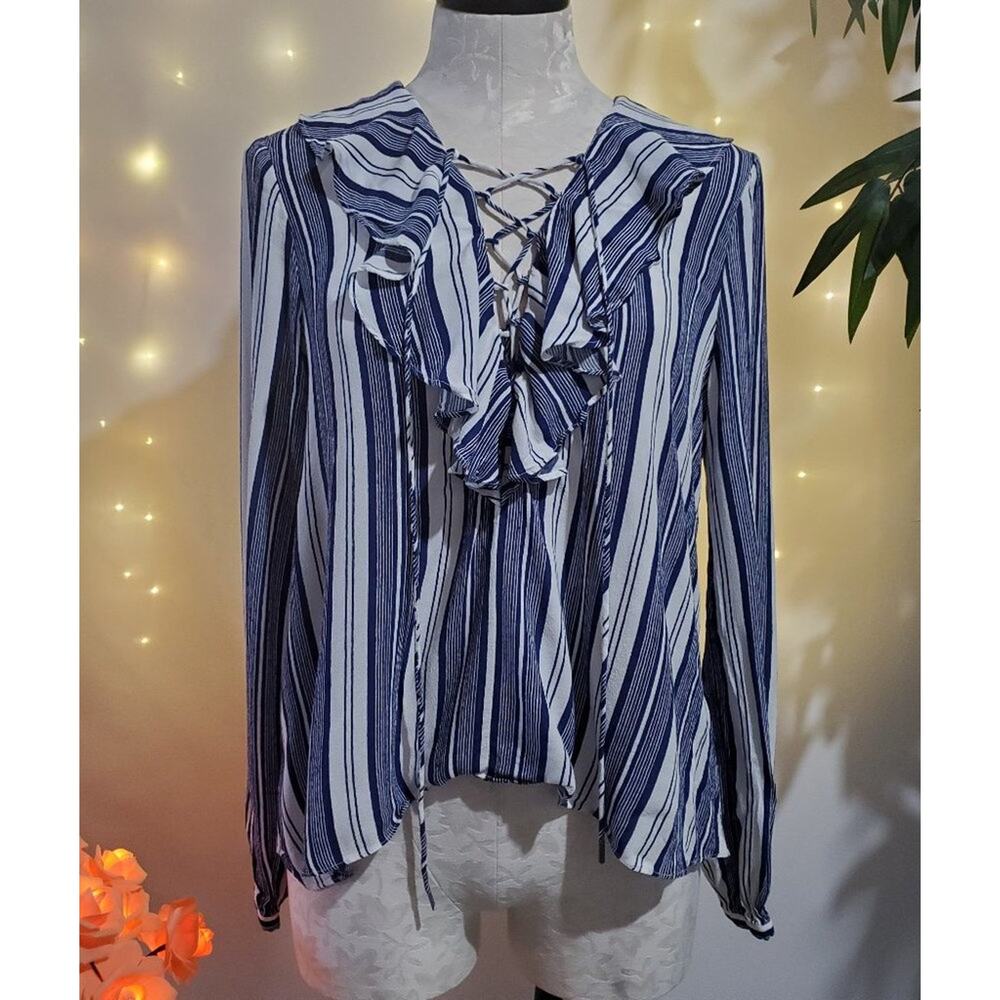 L'Academie Revolve The Ruffle Boho Blouse Lace Up Top Sailor Stripe Women's M